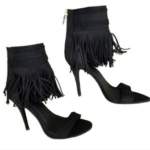 Nine West Ankle Fringe Black Sandals NEW